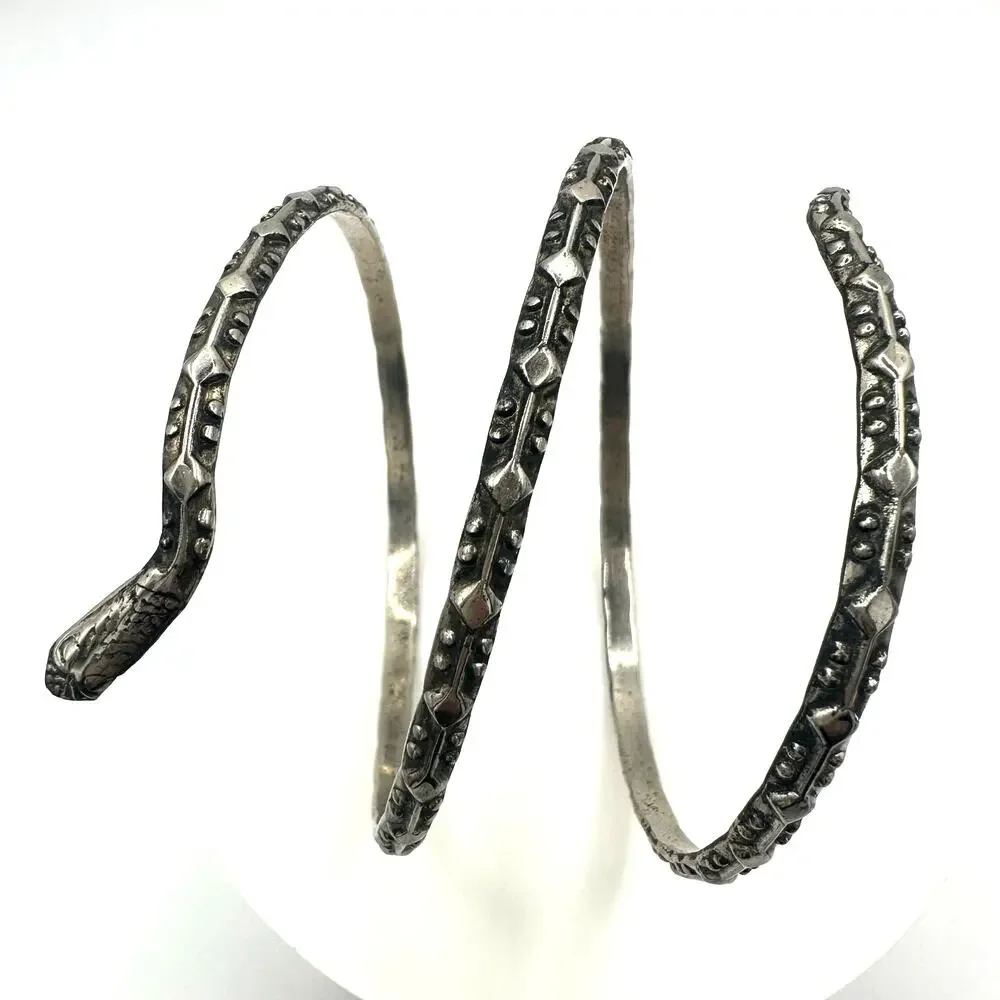 Vintage silver tone snake textured cuff bangle wrap bracelet adjustable 20.5”